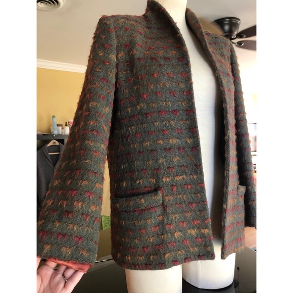 Vintage Elliot Lauren Open Front Textured Wool Blazer Jacket Brown Orange Silk - Picture 2 of 12